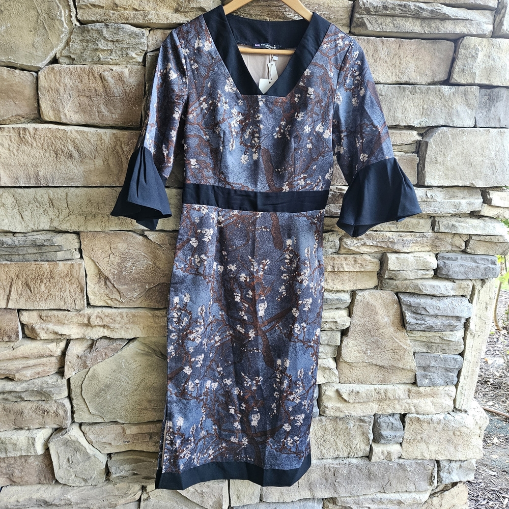 Marina Kaneva Collection London Dress Blue Floral Branch Print Midi 3/4 Bell Sz8